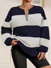 V-Neck Zip-Up Striped Long-Sleeved Loose T-Shirt