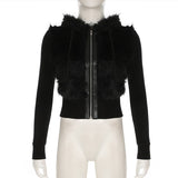 Vintage Cratered Patchwork Furry Hoodie Jacket