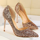 Women Pointy Side Hollowed Sequined High Heels