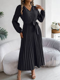 V-Neck Button-Up Long Pleated Dress