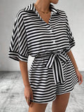 Striped Lapel Belted Shorts Short Sleeved Onesie