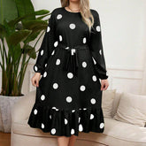 SLIM FIT POLKA DOT LONG SLEEVE RUFFLE DRESS_CWDSD8478