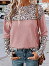 Pullover Leopard Print Patchwork Waffle Knit
