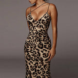 V-Neck Halter Dress Sexy Leopard Print Dress