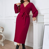 RED V NECK SLIM FIT LONG DRESS FOR FALL SPRING_CWDSD8473