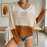 V-Neck Hollowed-Out Color-Blocking Sweater