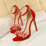 Women Suede Pearl Rhinestone High Heels