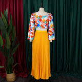 PRINTED TOP PLEATED LONG SKIRT TWO PIECE SUIT_CWSTB1137