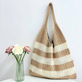 Cuab00629_2025 Striped Woven Tote Bag Large Capacity Shoulde