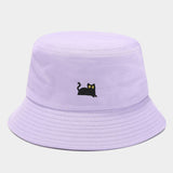 MACAROON COLORED BLACK CAT EMBROIDERED BUCKET HAT_CWAH1631