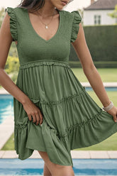 Solid Color V Neck Ruffled Dress_Cwdsd2682