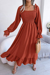 Square Neck Large Swing Flounces Long Dress_Cwdmd1165