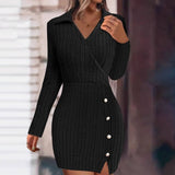 Solid Color V-Neck Tight Wrap Hip Slim-Fit Dress