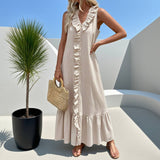 Solid-Colored Cotton V-Neck Loose Wide-Hem Dress