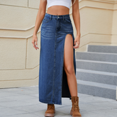 SEXY HIGH SLIT WASHED DENIM MAXI SKIRT WOMEN_CWJSK0201