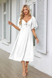 V-Neck Bow Pleated Mid-Length Short-Sleeved Dress