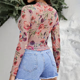 SEMI SHEER FLORAL PRINT MESH LACE SLIM FIT TOP_CWTBLL3429