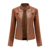Womens Leather Stand-Up Collar Jacket