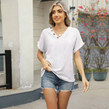 V-Neck Jacquard Button Loose Cutout T-Shirt