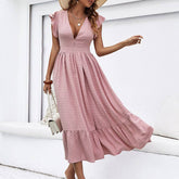 V-Neck Slim Slim Slit Solid Color Long Dress