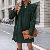 Solid-Color Ruffled Loose Stand-Up Collar Dress
