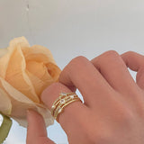 GOLD MULTI LAYER HOLLOW ZIRCONIA SHELL PEARL RING_CWAJE3101