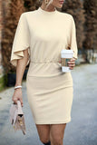 Solid Color Knitted Long-Sleeved Short Dress