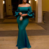 ONESHOULDER RUFFLE SLEEVE SLIMFIT DRESS WITH TRAIN_CWDMD3679