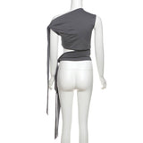 Strapless Strap Waist Short Solid Color Top