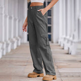 Washed Semi-Elastic-Waisted Denim Cargo Pants