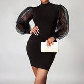 Stand-Up Collar Lantern Sleeve Wrap Hip Dress