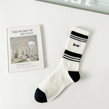BLACK AND WHITE STRIPED MESH COTTON SOCKS_CWMS0956