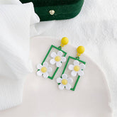 SIMPLE GREEN SQUARE FRAME FLOWER STUD EARRINGS_CWAJE1627