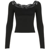 U-Neck Slim Fit Lace Patchwork Long Sleeve Top