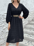V-Neck,Cinched Waist,Woolen Long-Sleeved Dress