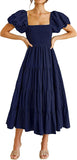 Square Neck Backless Puffy Sleeve Pleated Dress