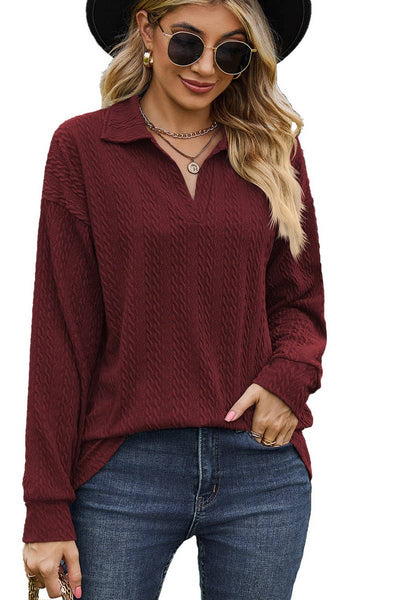 Cwtbll2376_Solid Color Lapel Button Loose Casual Top
