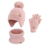 KNITTED POM POM EARMUFF HAT THREE PIECE SET_CWMM2804
