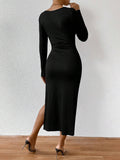 Square Collar Sexy Slit Slim Solid Color Longdress