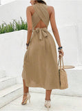 Solid Color Cross-Lace Dress With Halter Halter