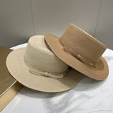 SOLID COLOR SIMPLE BOW FLAT TOP STRAW HAT_CWAH3598