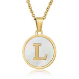 Cwaje1934_Round Stainless Steel White Shell Letter Necklace