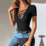 V-Neck Hollow Fashion Knit Short-Sleeved T-Shirt