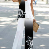 Stylish Crew-Neck Tank Top Wide-Leg Pant Suit