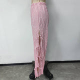 Stretched-Waist Checkered Printed Tie Long Pants