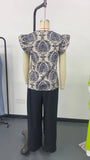 Solid Color Pantsuit Lotus Sleeve Printed Top