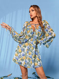 Vintage Gentle Wind Floral Long Sleeve Slip Dress