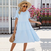 Solid Color Pleated Short Sleeve Tie Dress
