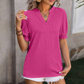 Solid Color V Neck Ear Of Wheat Short Sleeved Top_Cwtts0898