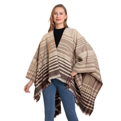 LINE PLAID SPLIT SHAWL THICK LARGE SIZE SCARF CAPE_CWASC2233